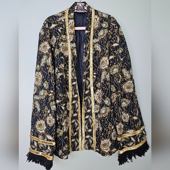 Printed Floral Gold Foil Blazer Jacket Fringe Boho Festival Bohemian, Medium - Picture 1 of 8